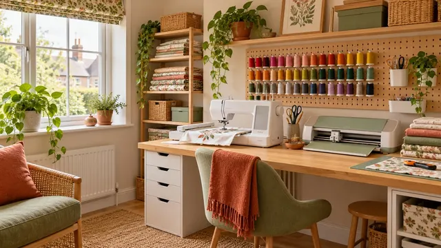A spare-room craft desk with a sewing machine, a cutting machine and a wall of thread